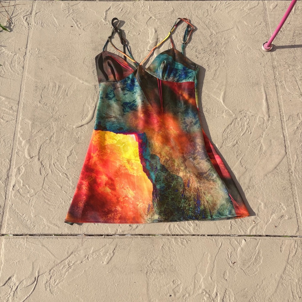 Urban Outfitters Abstract Print Cut Out Slip Dress Mini Multi-Color Satiny S